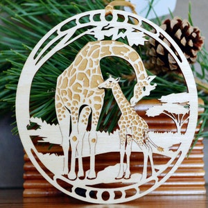 Wood Giraffe and giraffe calf ornament woodcut Giraffes decoration image 2
