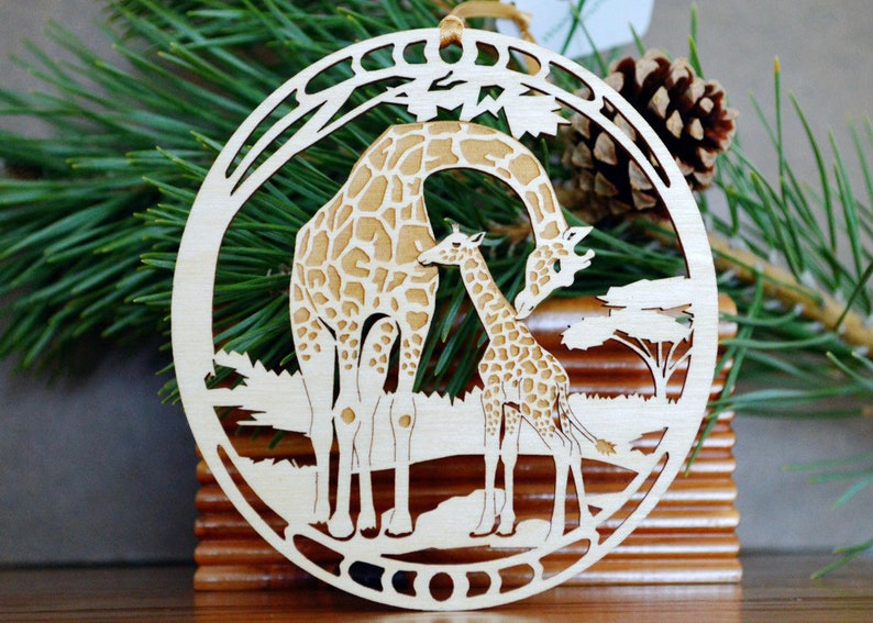 Wood Giraffe and giraffe calf ornament woodcut Giraffes decoration image 2