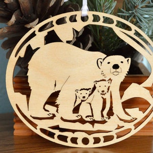 Wood Polar Bear ornament woodcut Polar Bear with cubs