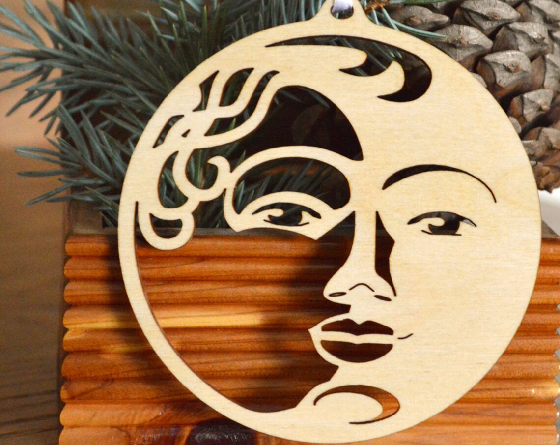 Moonface Ornament Wood Cut Decoration. Laser Cut Moon Face | Etsy