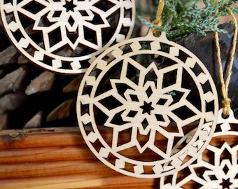 Set of 3 Snowflake ornaments with round border, wood cut decoration tree decorating, jewelry making, crafting