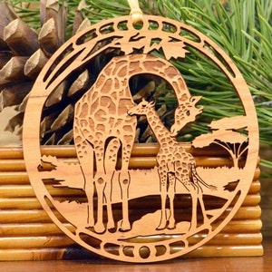 Wood Giraffe and giraffe calf ornament woodcut Giraffes decoration Solid Cherry