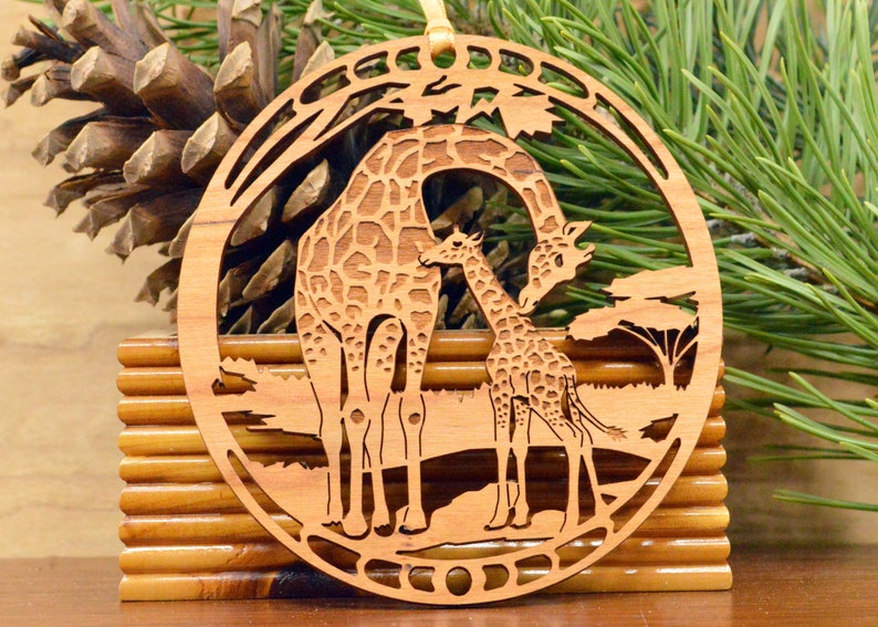 Wood Giraffe and giraffe calf ornament woodcut Giraffes decoration Solid Cherry