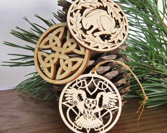 Wood Celtic knot, Flying Owl, rabbit in Oak leaves: Set of three woodcut pendants