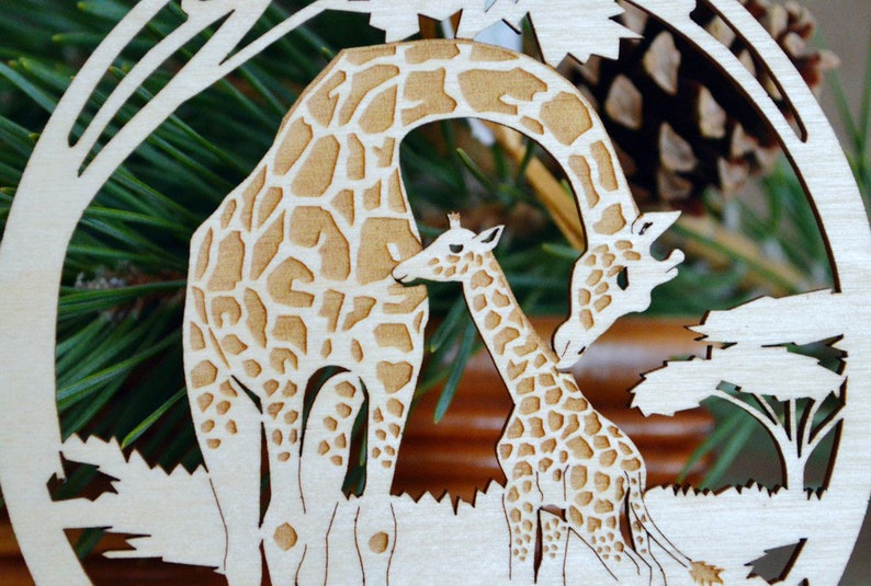 Wood Giraffe and giraffe calf ornament woodcut Giraffes decoration image 3