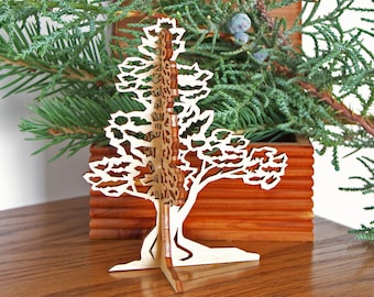 Two piece Juniper tree ornament wood Self standing decoration Woodcut tree