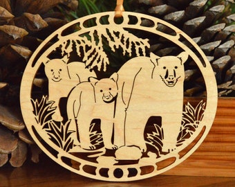 Wood Black Bears ornament woodcut Black Bear with cubs Laser cut Black bears in Forest