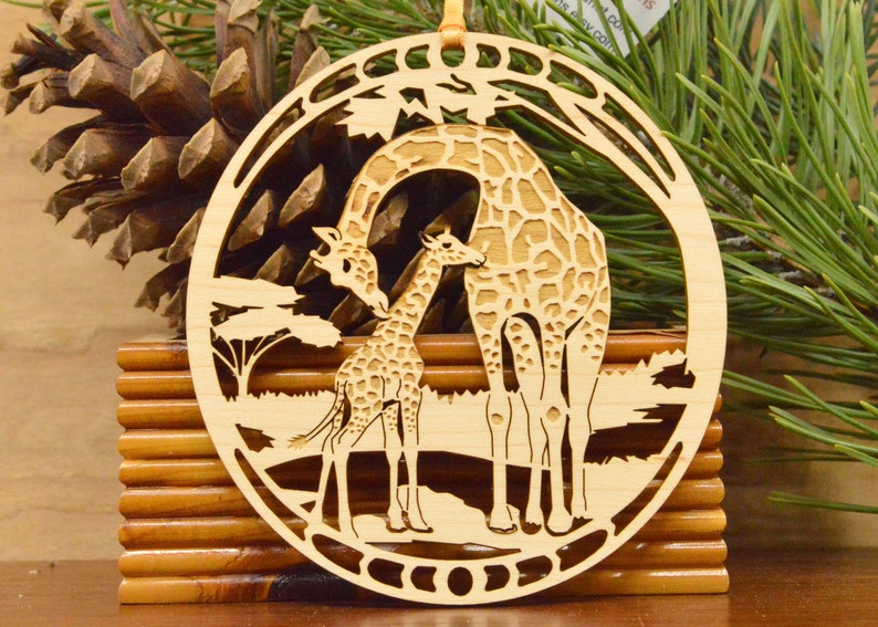 Wood Giraffe and giraffe calf ornament woodcut Giraffes decoration Solid Maple