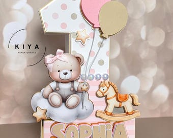 Personalized Teddy Bear Girl Birthday Decoration,3D Layered Birthday Party Decor, Custom Name Dessert Table Sign, First Birthday Photo Prop