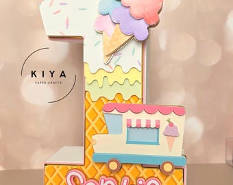 Personalized Ice Cream Birthday Number Decoration,3D Layered Birthday Party Decor, Custom Name Dessert Table Sign, First Birthday Photo Prop