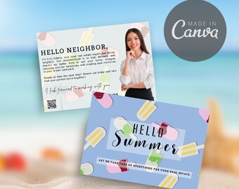 Op de afbeelding: Twee ansichtkaarten met een zomerthema. Eén toont een vrouw en de tekst "Hello Neighbor" met vastgoedinformatie. De andere zegt "Hello Summer" met ijslolly-illustraties. Het Canva-logo is zichtbaar.