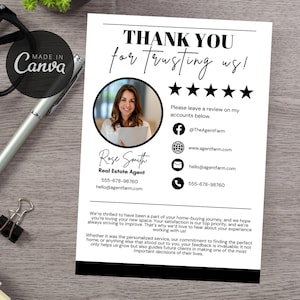 May include: Black and white thank you card with a photo of a woman, contact information, and a five-star rating. The text reads "Thank you for trusting us!" and "Please leave a review on my accounts below."