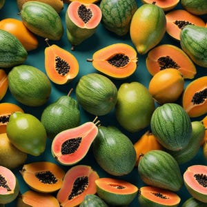 May include: A variety of fruits, including green melons, watermelons, and papayas, are arranged in a flat lay composition. The fruits are cut in half and whole, showcasing their vibrant colors and textures.