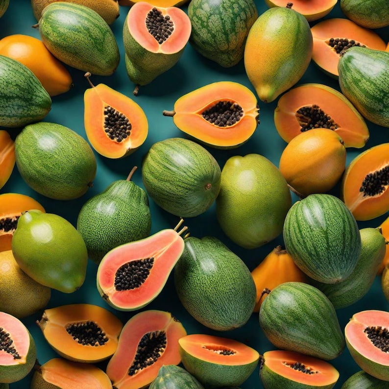 May include: A variety of fruits, including green melons, watermelons, and papayas, are arranged in a flat lay composition. The fruits are cut in half and whole, showcasing their vibrant colors and textures.