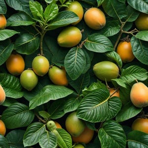 May include: A close-up of a variety of yellow and green fruits, surrounded by lush green leaves. The fruits are arranged in a random pattern, creating a vibrant and natural scene.