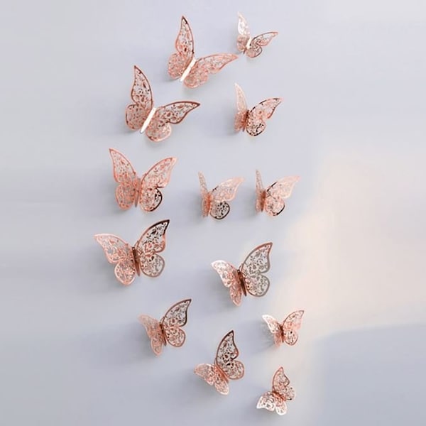 12 Stuks Rosé Gouden 3D Vlinders Muurdecoratie