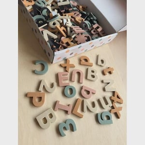 May include: A collection of small, flat, wooden letters and numbers in muted shades of sage green, dusty pink, tan, and cream. The pieces are scattered across a light surface, with a cardboard box filled with additional matching characters.