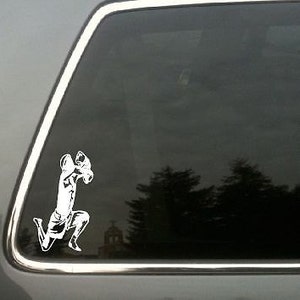 Puede incluir: Calcomanía de vinilo blanco de un jugador de fútbol americano en acción, atrapando un balón. El jugador está en una pose dinámica, con los brazos extendidos. La calcomanía está aplicada a una ventana de coche, con un fondo borroso de árboles y un edificio.