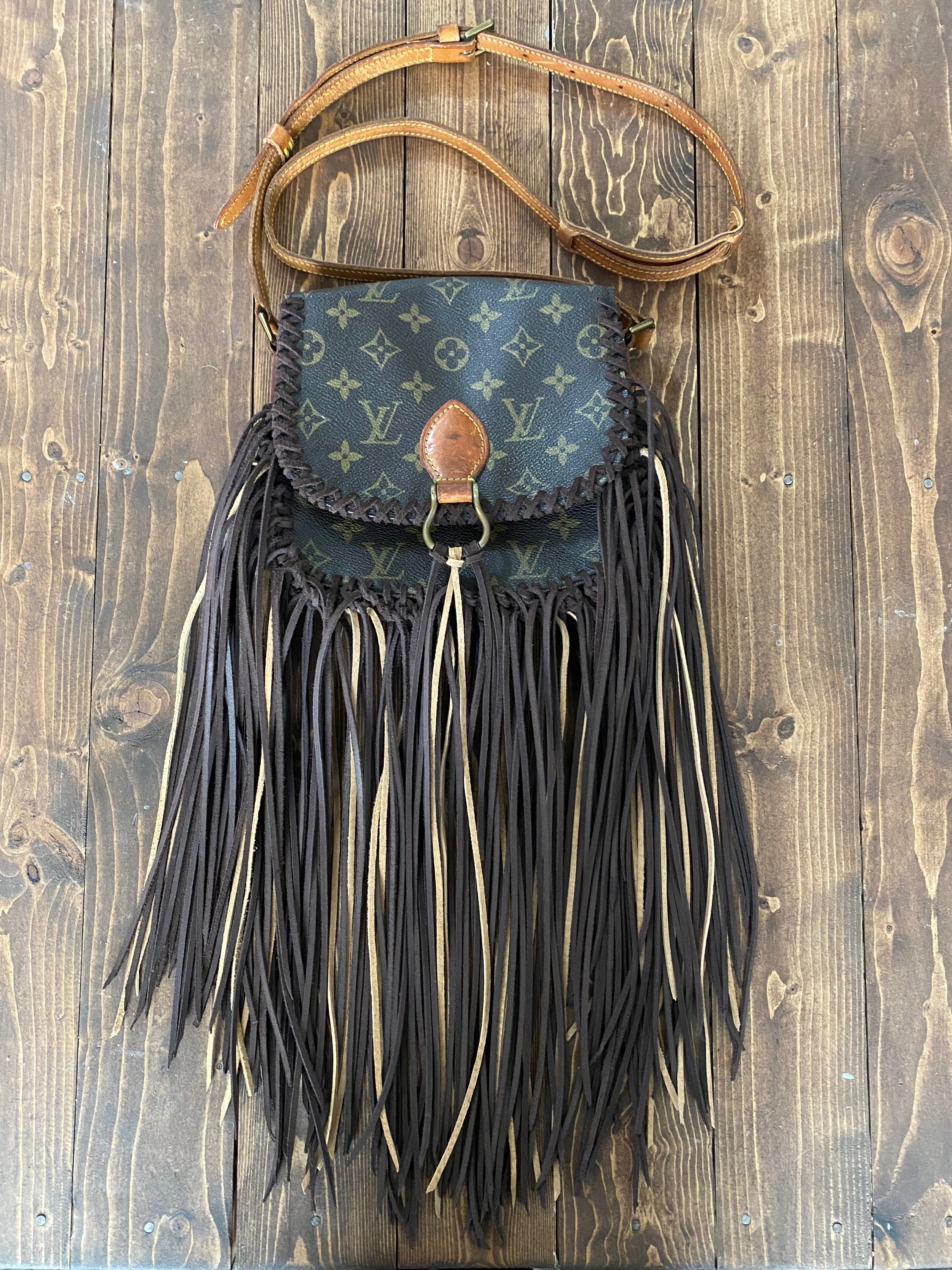 Brown Leather Handbag with Louis Vuitton Patch & Fringed Tassels