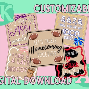 Puede incluir: Gráfico de descarga digital con varios diseños temáticos de Homecoming. Los diseños incluyen frases como "Let's Tackle Homecoming Together" y "Will you be my HOCO date?" El fondo es una mezcla de rosa y verde.
