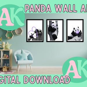 Panda Wall Art Prints: Black & White with Color Pop (Set of 3) (Digital Download)