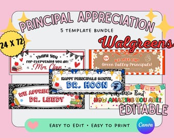 Puede incluir: Un paquete digital de cinco plantillas de pancartas editables para el reconocimiento de directores, que miden 24 x 72 pulgadas. Los diseños incluyen gráficos escolares como manzanas, libros y estrellas, con texto personalizable y nombres como Dr. Hoon.