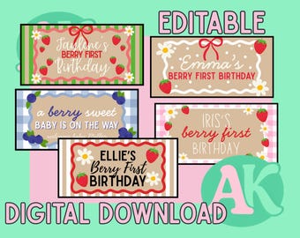 Beere Süßes Geburtstagsbanner Bündel | 72x36 bearbeitbare Canva Vorlage | Erdbeer-Blaubeer-Party digitaler Download