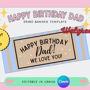 Może przedstawiać: Szablon banera urodzinowego z napisem "HAPPY BIRTHDAY DAD" i "WE LOVE YOU!" na jasnobrązowym tle z niebieskimi i beżowymi paskami. Baner jest obramowany różową obwódką z żółtymi gwiazdkami i sercami. Obecny jest również tekst "EDITABLE IN CANVA".