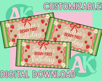 May include: Digital download featuring three rectangular designs with a strawberry theme. Each design has a tan background with strawberries, daisies, and the text "Jaylene's BERRY FIRST Birthday". The word "CUSTOMIZABLE!" is at the top.