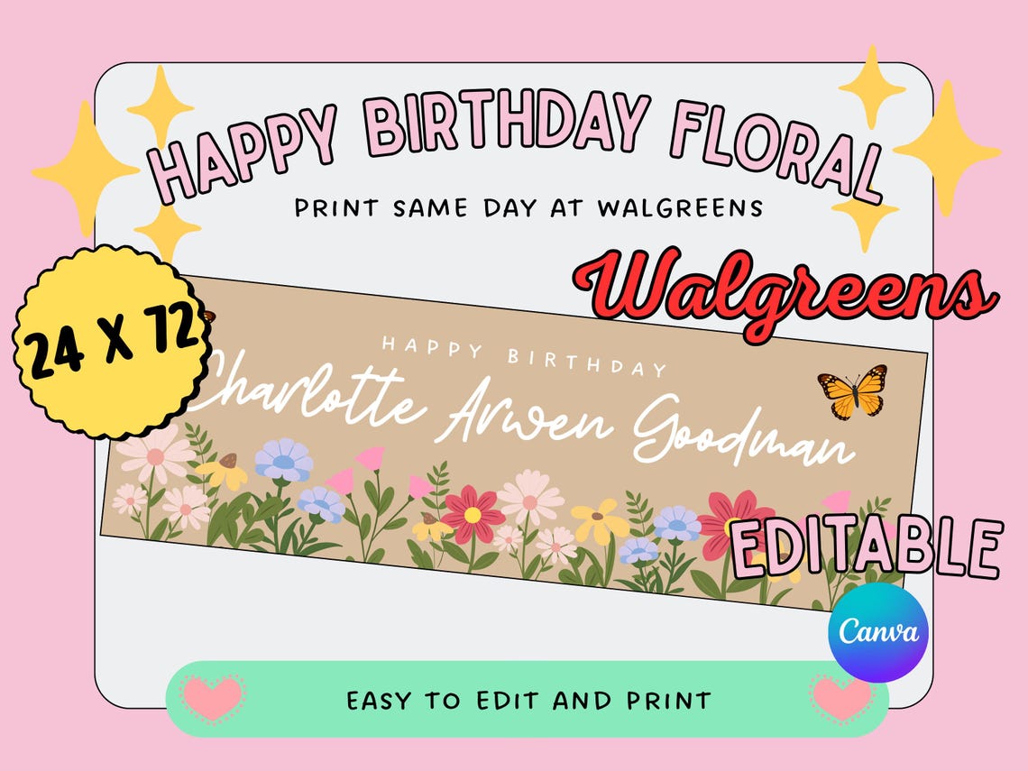 Editable Floral Birthday Banner Template 72x24 | Canva Birthday Banner ...