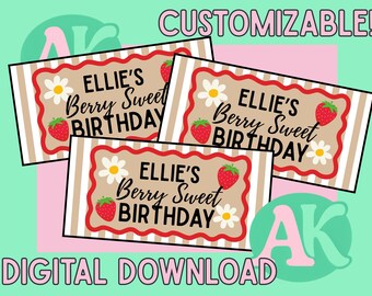 May include: Digital download featuring three rectangular designs with the text "ELLIE'S Berry Sweet BIRTHDAY". Each design includes a strawberry and daisy graphic, set against a striped background. The word "CUSTOMIZABLE!" is at the top, and "DIGITAL DOWNLOAD" is at the bottom.