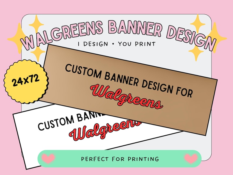 以下が含まれることがあります： 「WALGREENS BANNER DESIGN」と「CUSTOM BANNER DESIGN FOR Walgreens」のテキストが入った、Walgreensバナーのデザイン。バナーのサイズは61x183 cmです。「I DESIGN &bull; YOU PRINT」と「PERFECT FOR PRINTING」のテキストも含まれています。