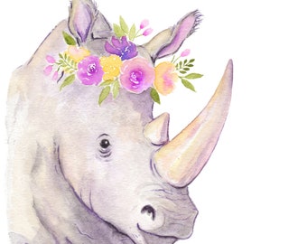 Rhino watercolor - rhino nursery - safari nursery art - flower crown animal art - watercolor nursery art - DIGITAL DOWNLOAD