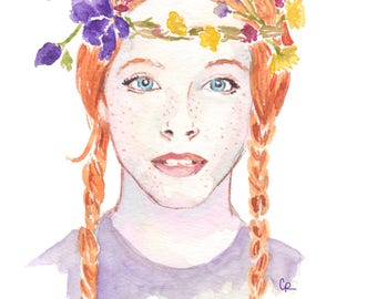 Anne of Green Gables Watercolor Portrait Art Print (Digital Download)