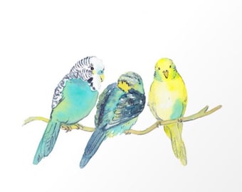 Impresión de acuarela de una familia de periquitos: Arte de periquitos (descarga digital)