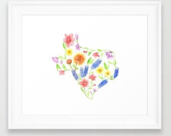 Texas Watercolor - Digital Print- Texas outline - wildflower watercolor - texas printable- floral watercolor