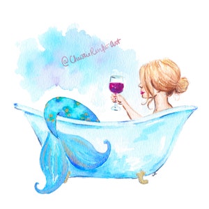Bathroom art - bathtub Mermaid - digital printable - Watercolor Mermaid - wine art - Mermaid art print