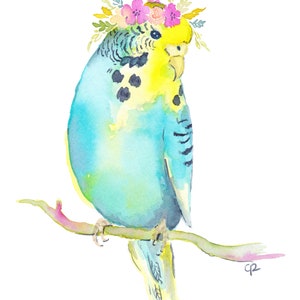 Wellensittich Aquarell Kunstdruck: Blumenkrone Wellensittich (Digitaler Download)