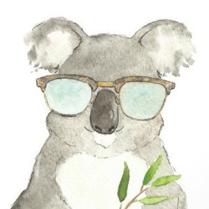 May include: Watercolor illustration of a koala wearing glasses and holding a sprig of leaves. The koala is gray with a brown nose and ears. The glasses have a brown frame and light blue lenses. The leaves are green.