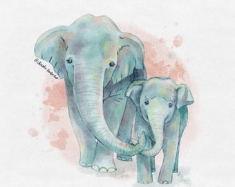 Elephant mother and baby - elephant watercolor - digital download - elephant nursery art