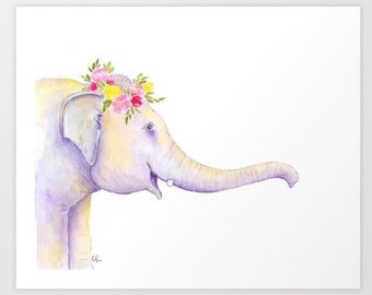 Asian Elephant watercolor in Florals