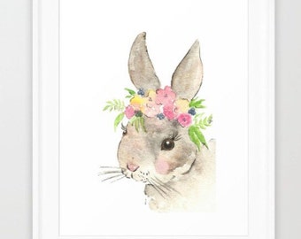 Bunny Watercolor Print: Flower Crown Animal Art (Digital Download)