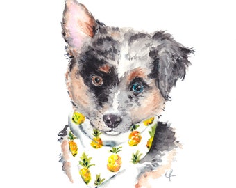 Australian Shepherd watercolor painting for decor
