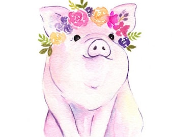 Piglet printable - floral pig art - pig watercolor - flower crown animal - digital download