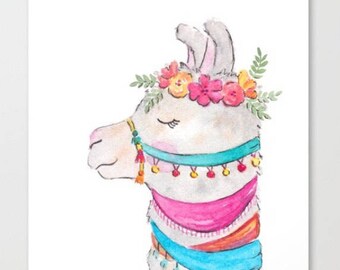Floral Llama Watercolor Print: Whimsical Nursery Art (Digital Download)