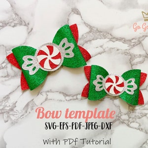 Christmas girl bow SVG, Candy cane hairbow template, Glitter bows DIY cricut file, Candy mint svg bow cuttable file