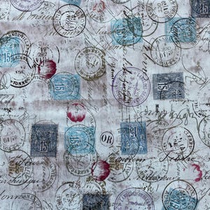 May include: A vintage-style background with a distressed, white paper texture. The background is covered with faded blue, brown, and purple ink stamps with text and numbers. The text includes "LANGLOIS DEBLER PARIS" and "SENS 6:110 OCT YONNE".