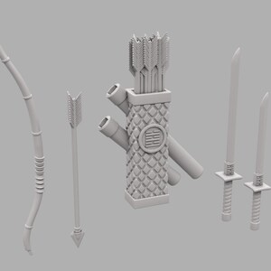 May include: A collection of toy weaponry, including a bow, arrow, quiver with arrows, and two swords. The bow is curved, and the arrow has a triangular arrowhead. The quiver has a textured design and a circular emblem. The swords have detailed handles.