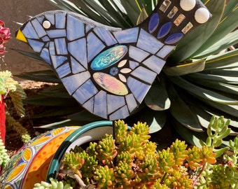 Blue mosaic bird plant stake