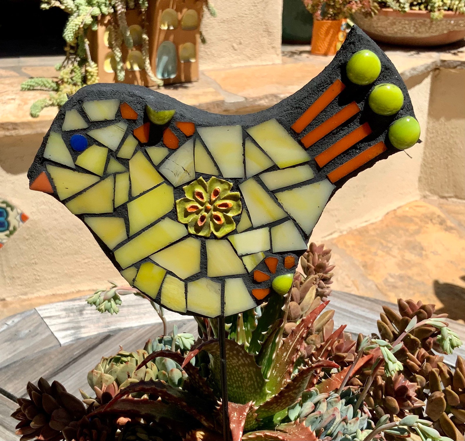 Yellow mosaic bird plant stake/ patio decor/ yard art | Etsy